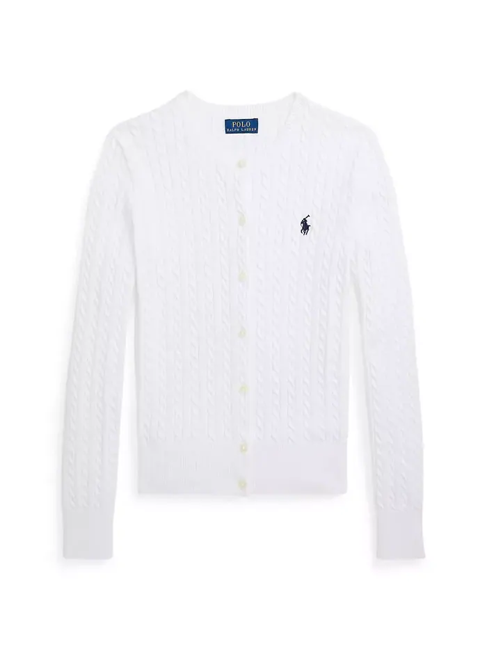 Детская кардиган из хлопка с косой вязкой для девочек 7-16 лет Polo Ralph Lauren — изображение 2 из 4, белый
