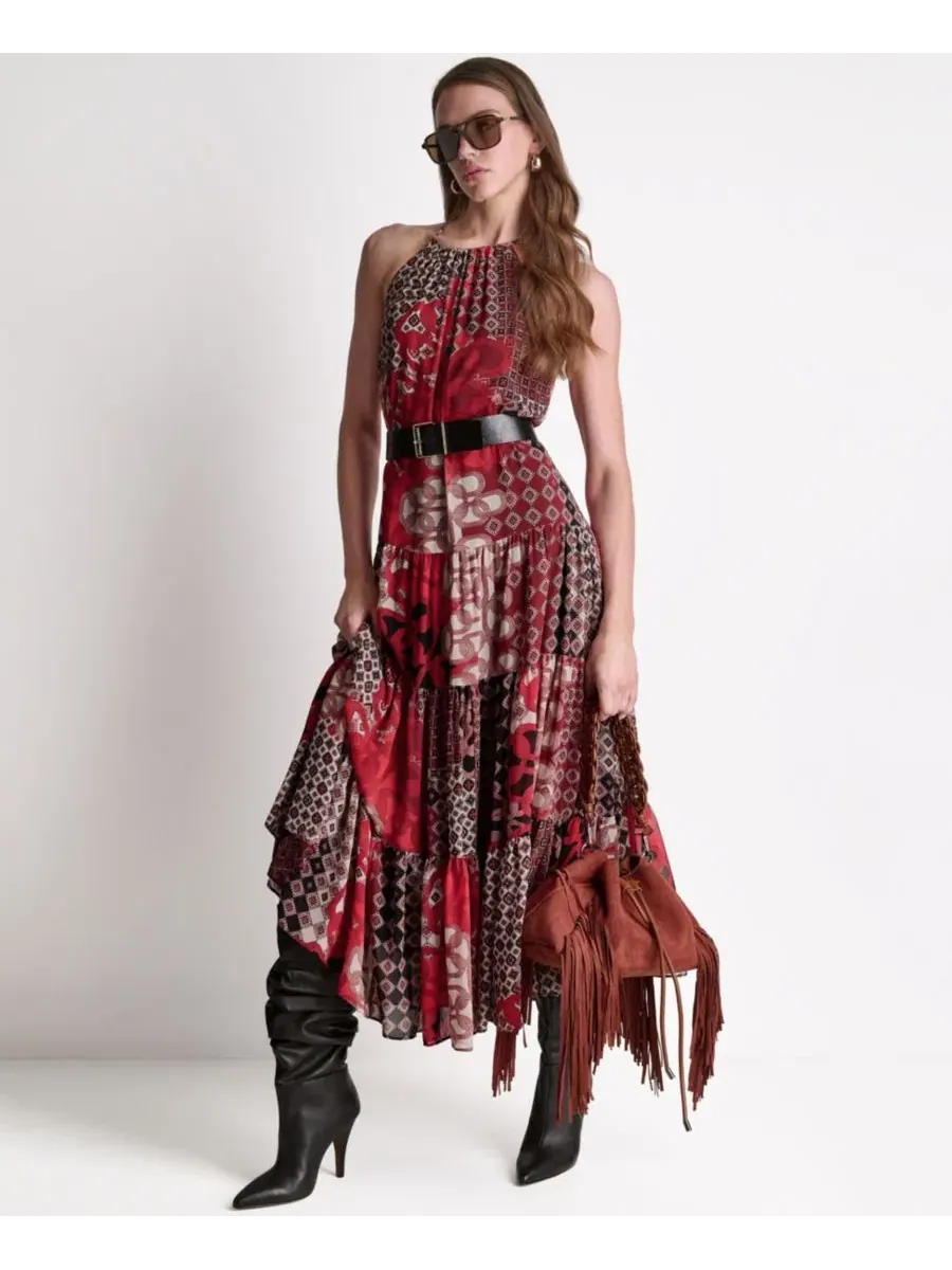 Платье-макси с принтом Patchwork Chiffon Halter BCBG — изображение 1 из 5, мульти