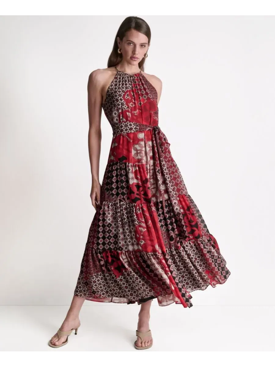 Платье-макси с принтом Patchwork Chiffon Halter BCBG — изображение 2 из 5, мульти