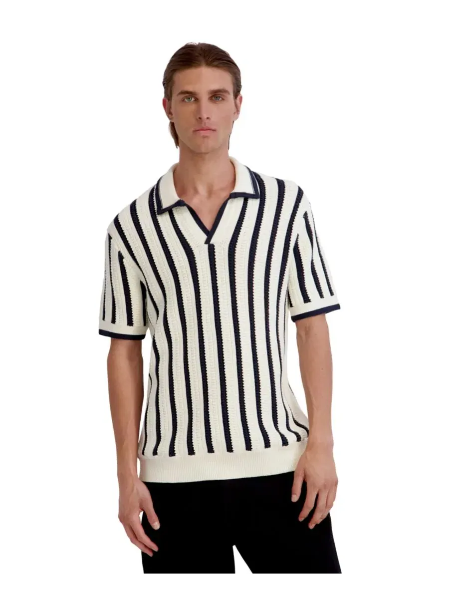 Пуловер-поло с открытой вязкой и полосатым принтом, модель Open Weave Stripe Johnny KARL LAGERFELD — изображение 1 из 4