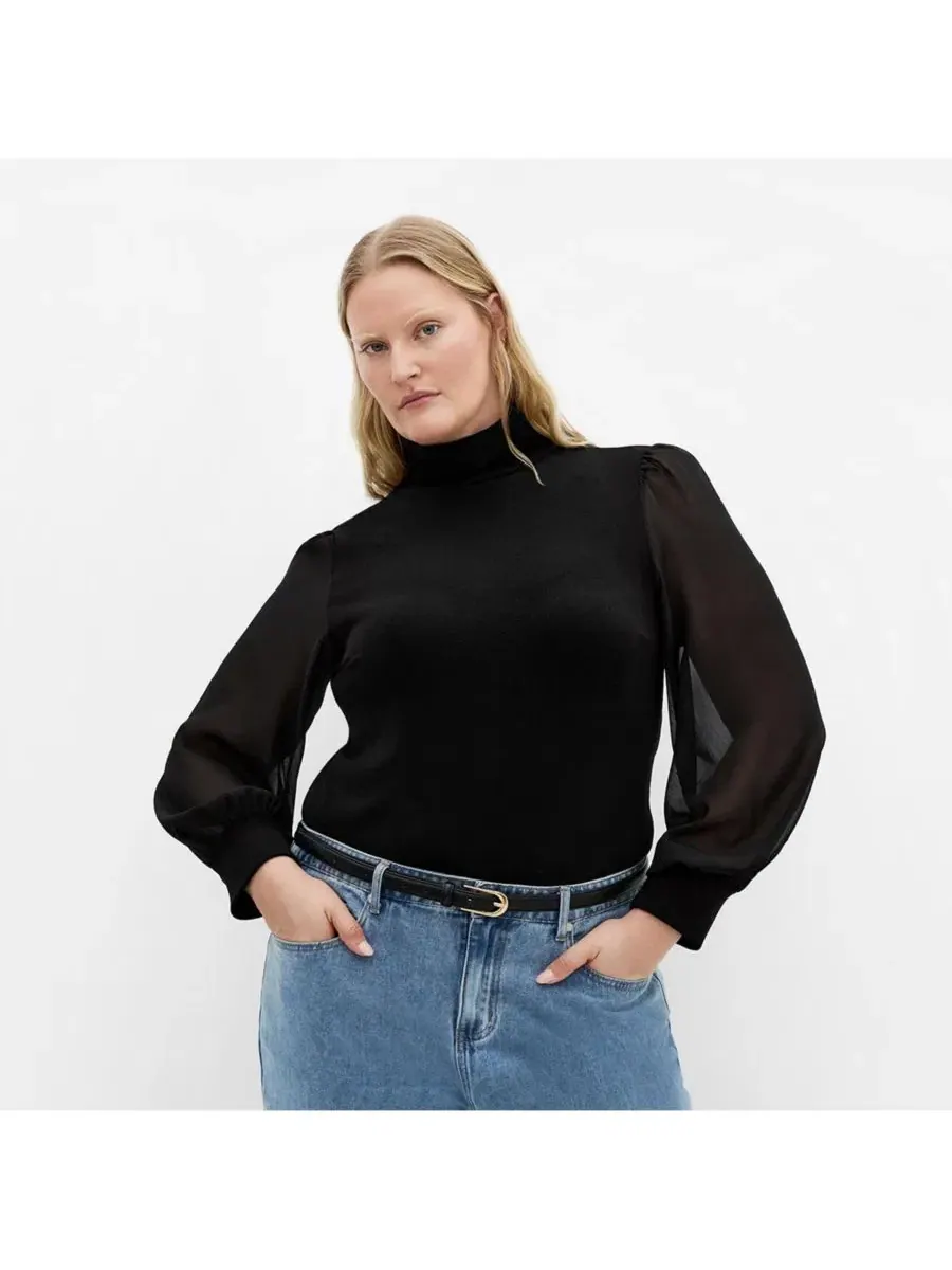 Свитер с длинным рукавом из микро-риба Sheer Sleeve Sweater CITY CHIC — изображение 1 из 5, черный