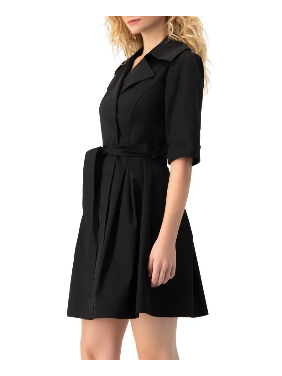 Платье-рубашка с поясом на талии, с коротким рукавом, модель Belted Collared Short-Sleeve Ivonne — изображение 3 из 6, черный