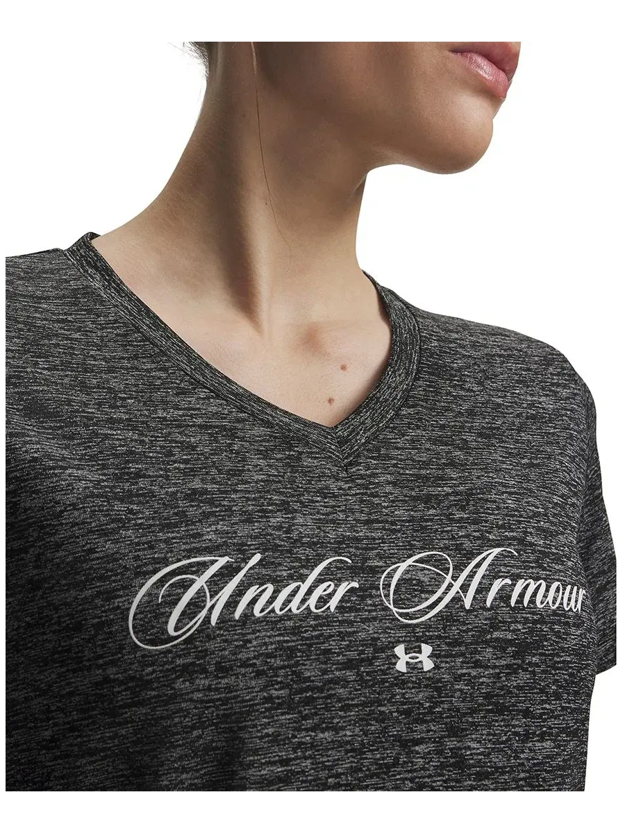 Топ для тренировок с коротким рукавом Tech Twist Script Under Armour — изображение 2 из 3, черный