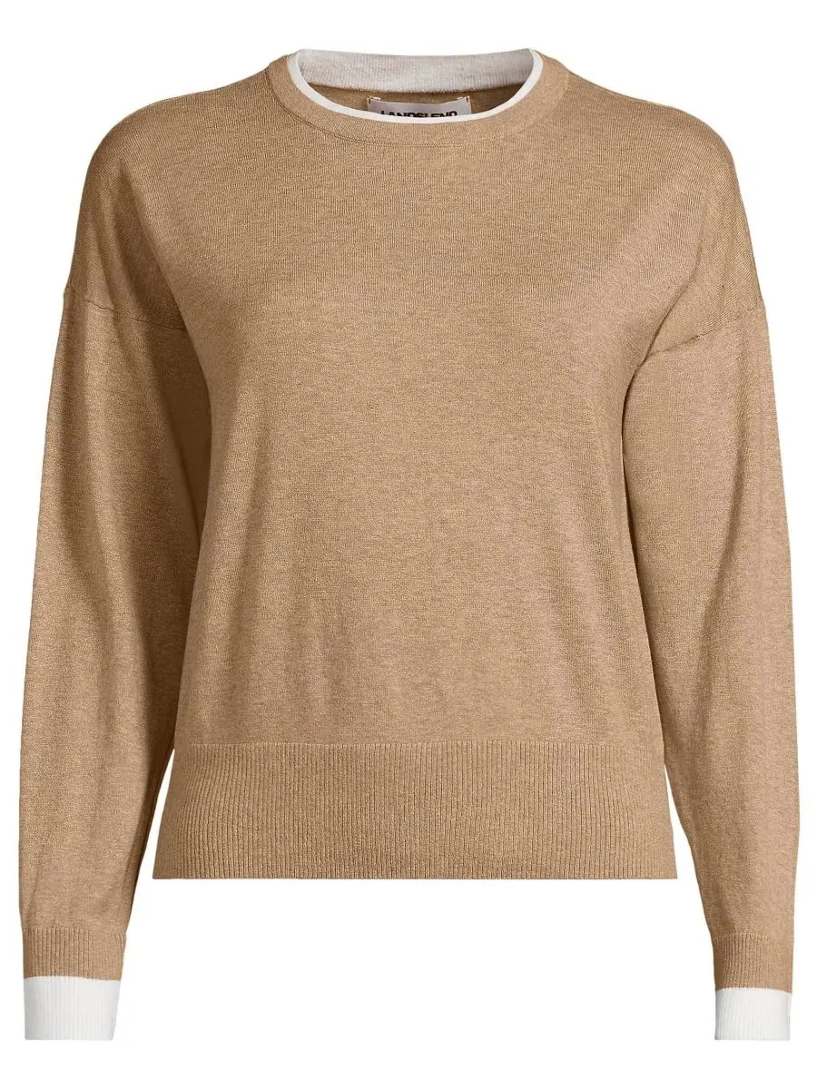 Женский свитер из хлопка с двойной отделкой, модель Double Trim Cotton Crew Neck Lands' End — изображение 1 из 4, белый