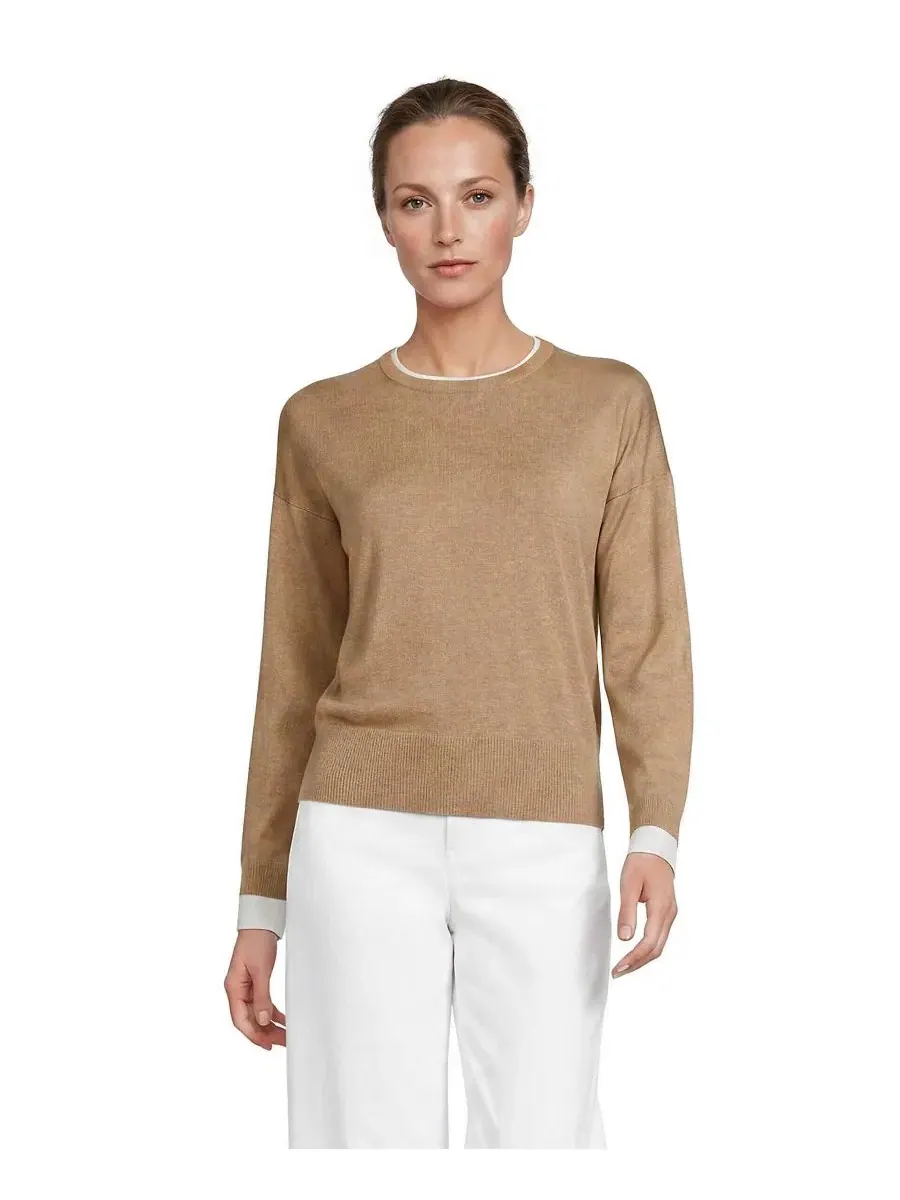 Женский свитер из хлопка с двойной отделкой, модель Double Trim Cotton Crew Neck Lands' End — изображение 2 из 4, белый