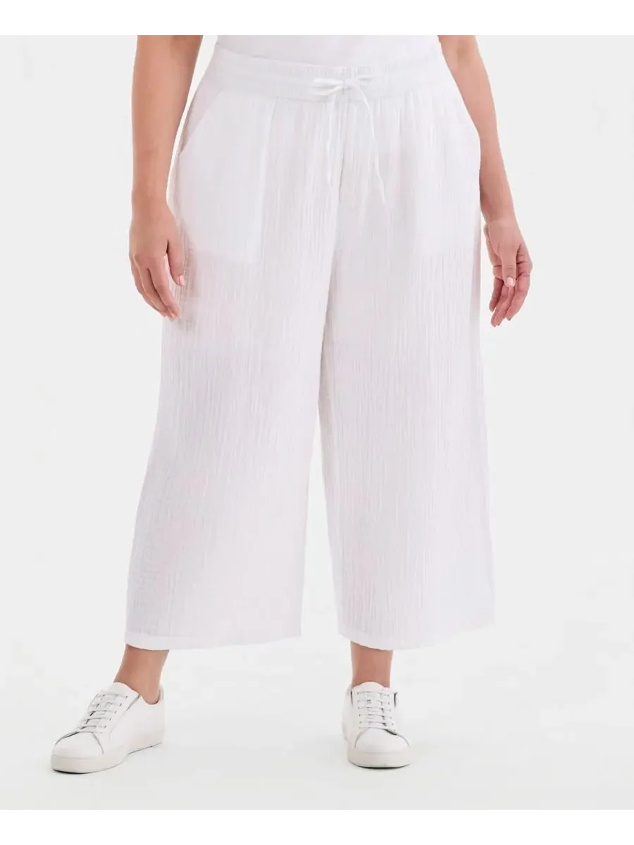Укороченные брюки из хлопковой марли большого размера на шнуровке Style & Co — изображение 3 из 4, яркий белый