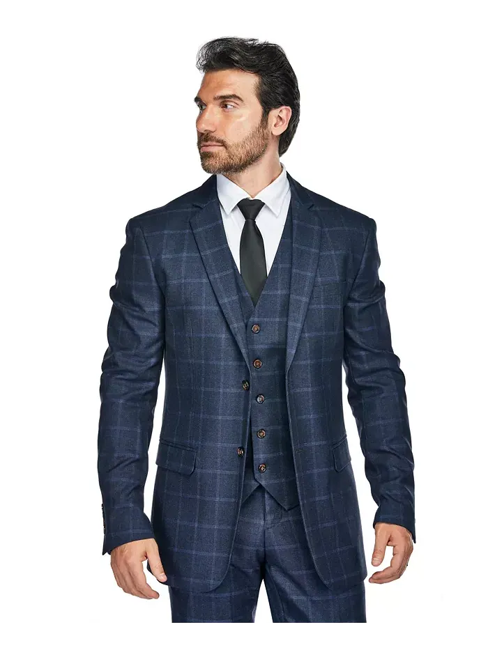 Мужской трехкомпонентный костюм в клетку Windowpane Slim Fit Gino Vitale — изображение 2 из 4, синий