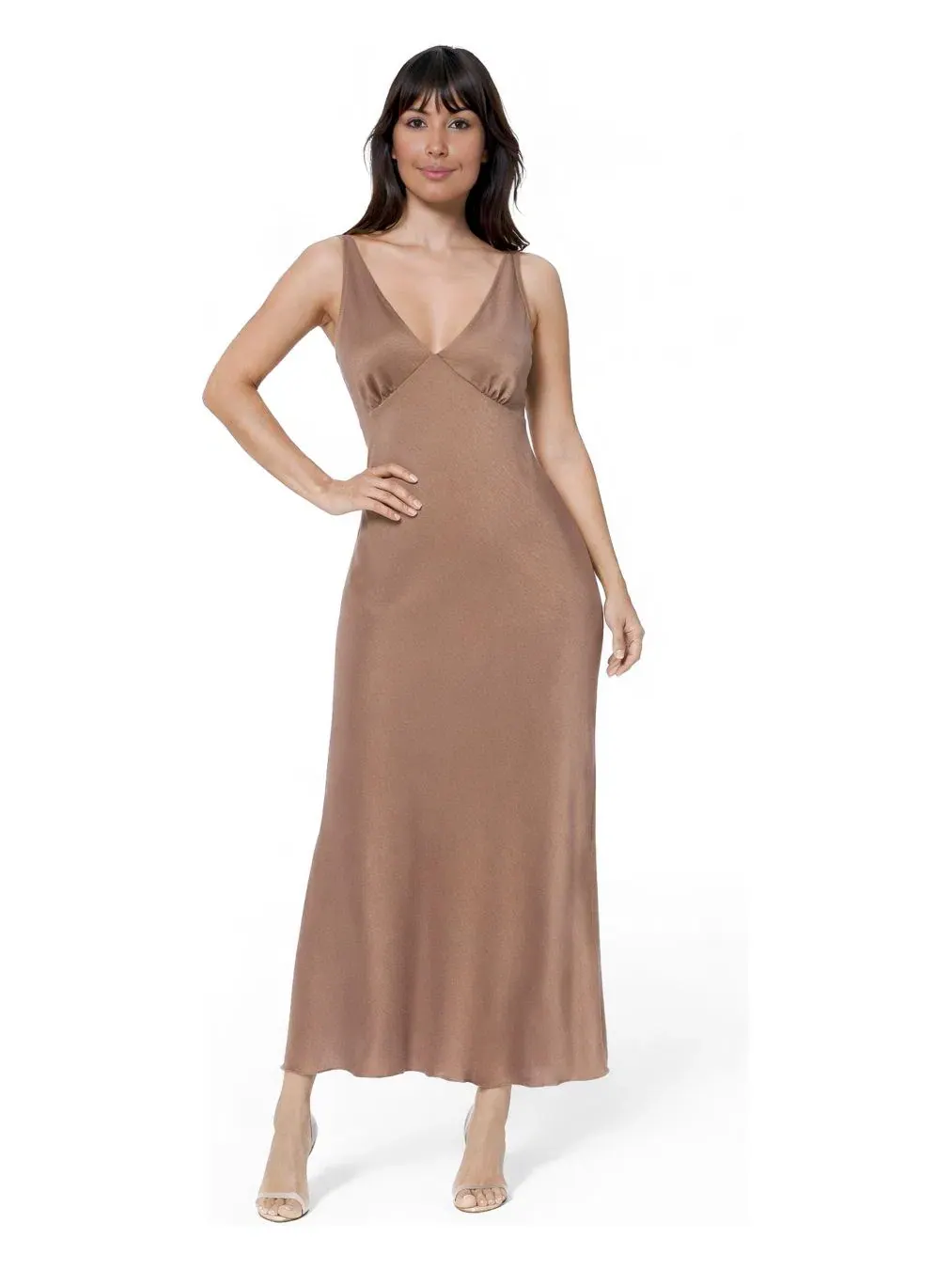 Платье-макси без рукавов с V-вырезом Ceycrepe Satin Bebe — изображение 1 из 3, коричневый