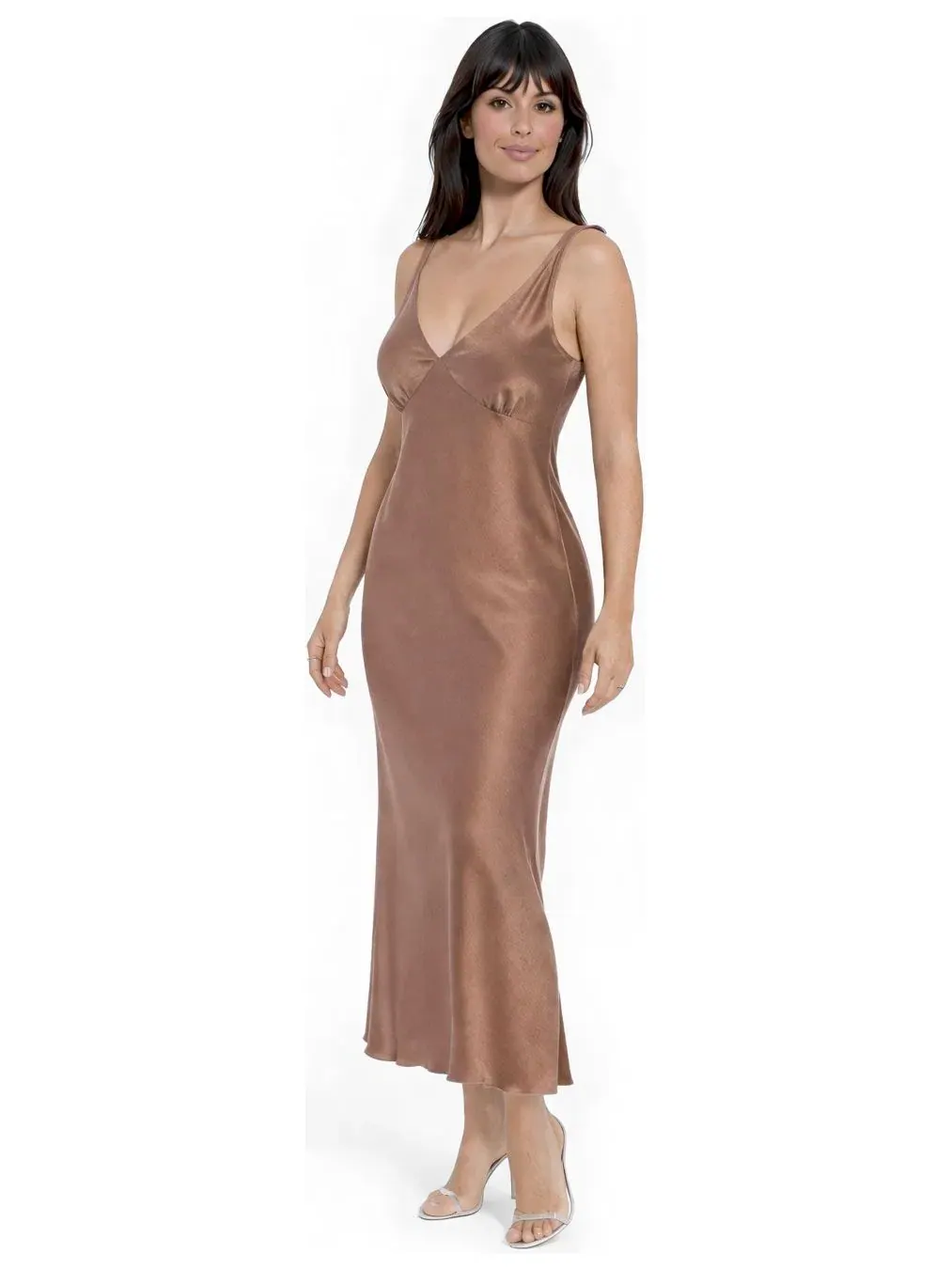 Платье-макси без рукавов с V-вырезом Ceycrepe Satin Bebe — изображение 2 из 3, коричневый