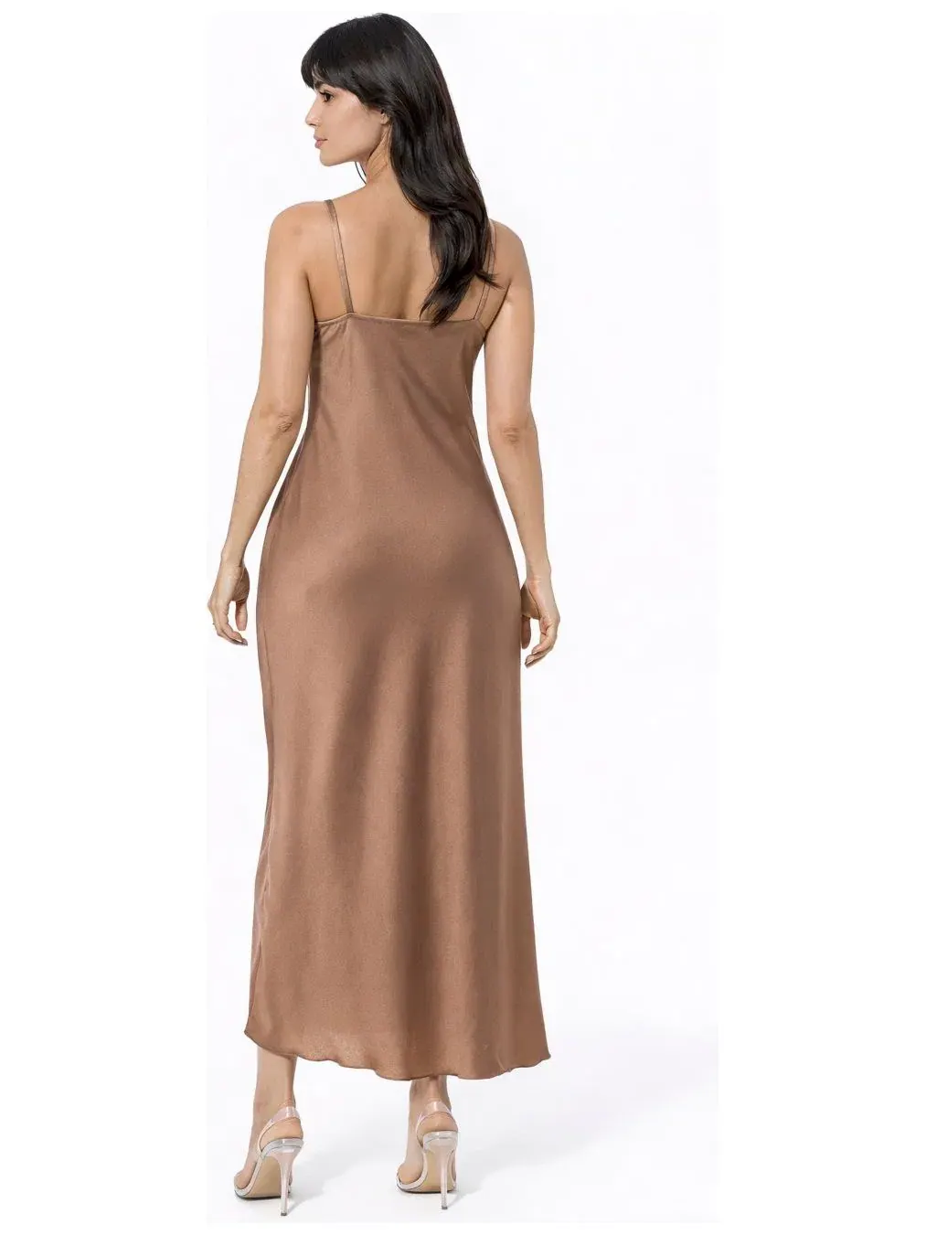 Платье-макси без рукавов с V-вырезом Ceycrepe Satin Bebe — изображение 3 из 3, коричневый