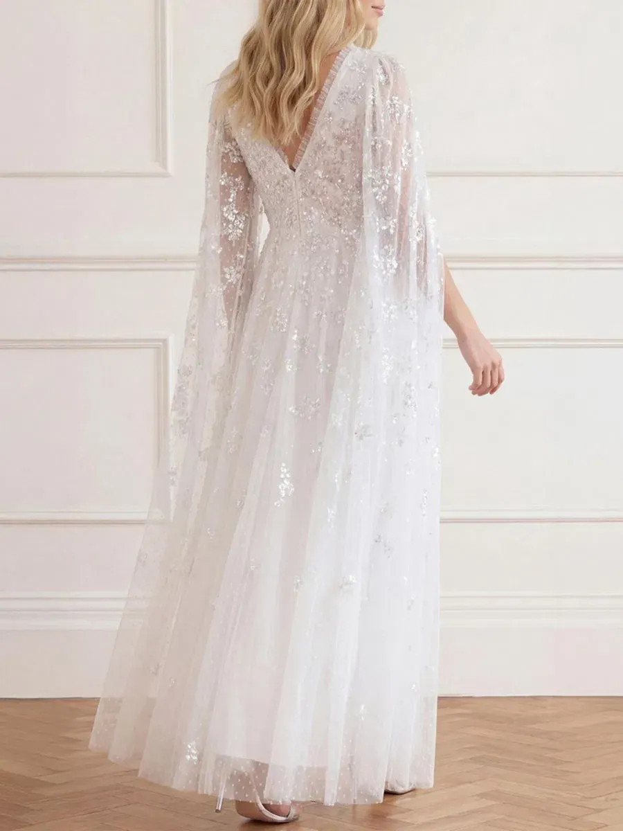 Платье-макси с мерцающим декором, с рукавами-крыльями Freesia Shimmer Needle & Thread — изображение 2 из 4, белый/розовый