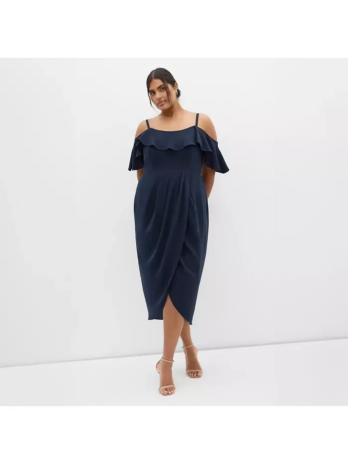 Платье миди с драпировкой Plus Size Flirtation CITY CHIC — изображение 1 из 4, темно-синий