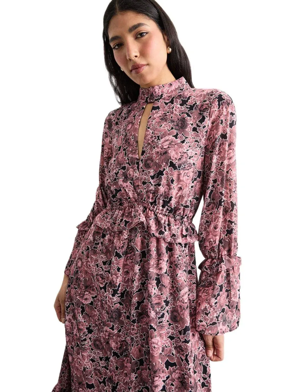 Женское шифоновое миди-платье с высоким воротником и сборками Warehouse — изображение 2 из 8, шоколад