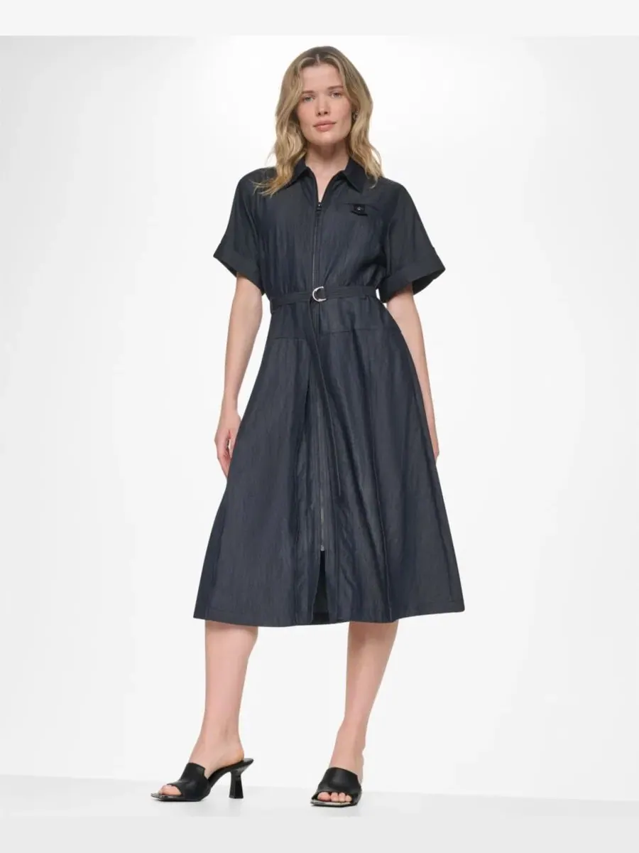 Платье миди с воротником и съемным поясом DKNY — изображение 8 из 12, темный индиго