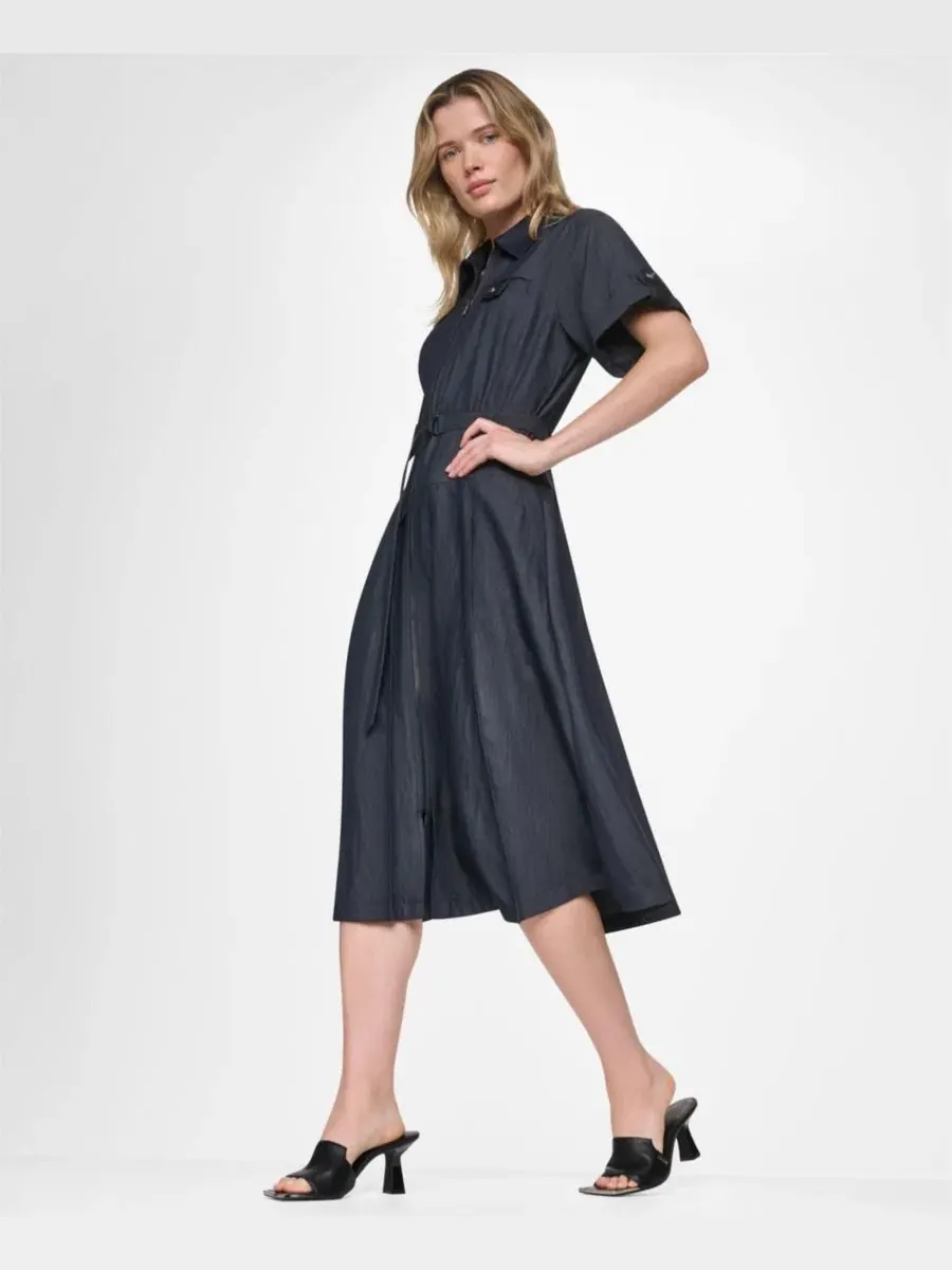 Платье миди с воротником и съемным поясом DKNY — изображение 9 из 12, темный индиго