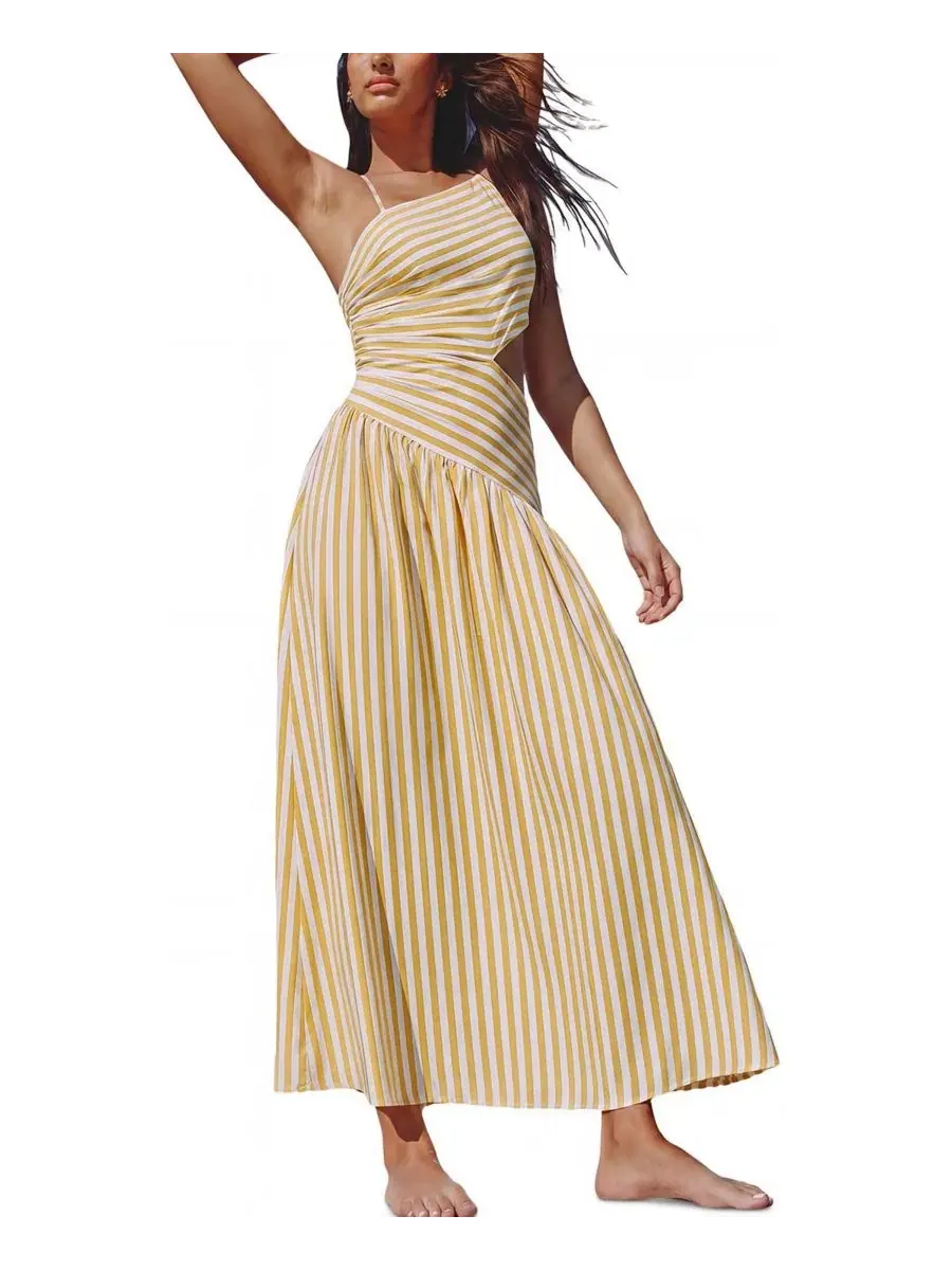 Платье-макси с асимметричным вырезом Good as Gold Striped Maxi Beach Dress Cupshe — изображение 1 из 5, светлый/желтый