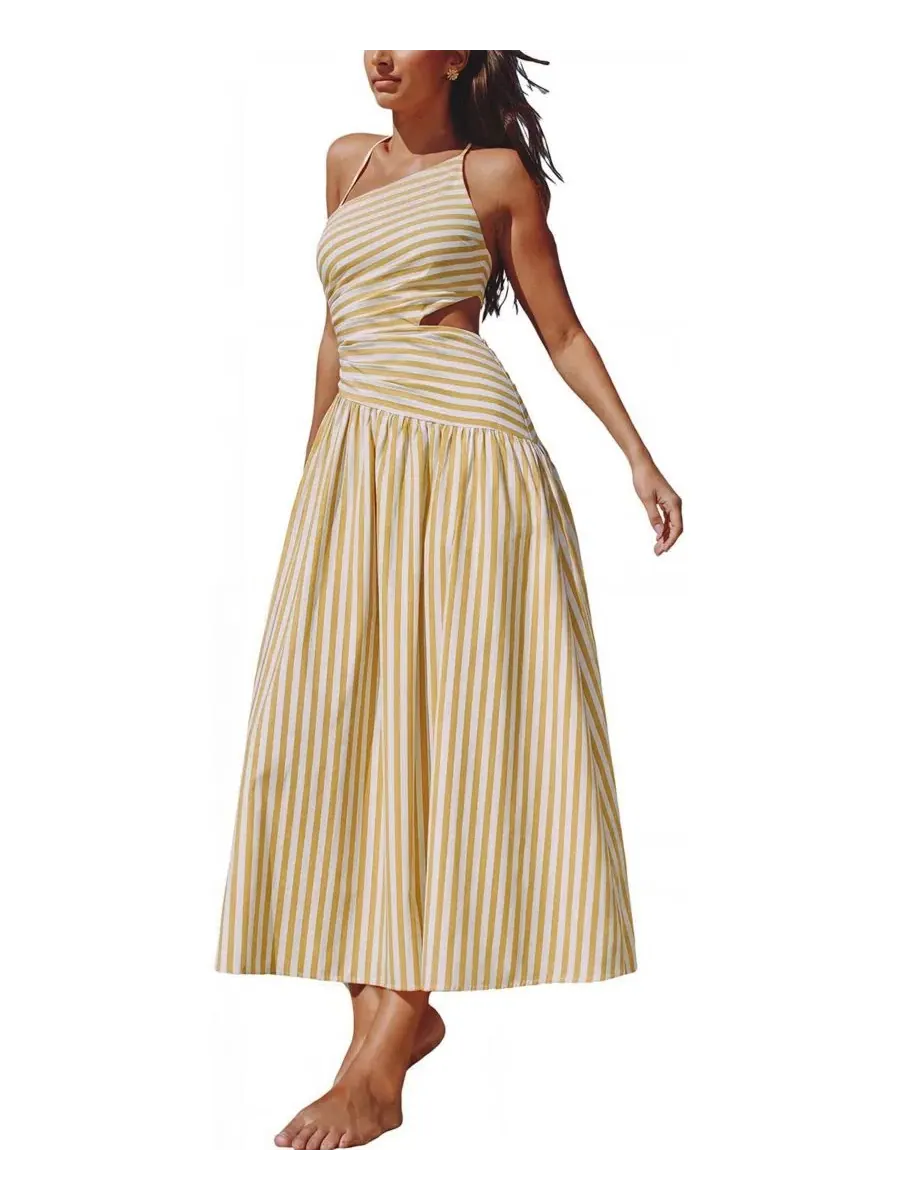 Платье-макси с асимметричным вырезом Good as Gold Striped Maxi Beach Dress Cupshe — изображение 2 из 5, светлый/желтый
