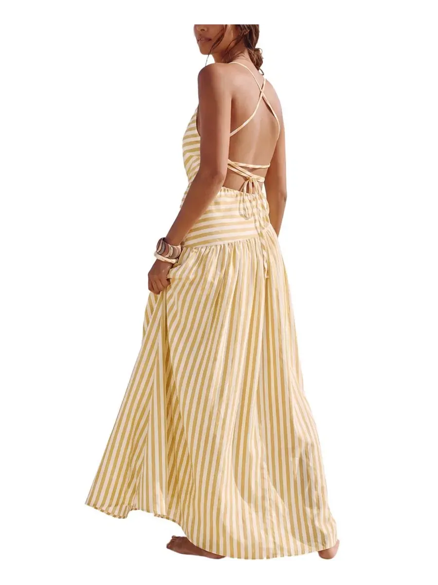 Платье-макси с асимметричным вырезом Good as Gold Striped Maxi Beach Dress Cupshe — изображение 3 из 5, светлый/желтый