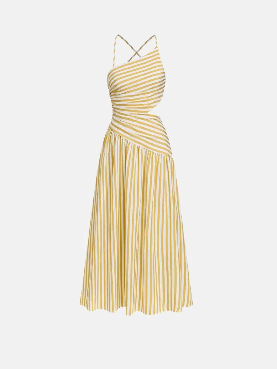 Платье-макси с асимметричным вырезом Good as Gold Striped Maxi Beach Dress Cupshe — изображение 4 из 5, светлый/желтый
