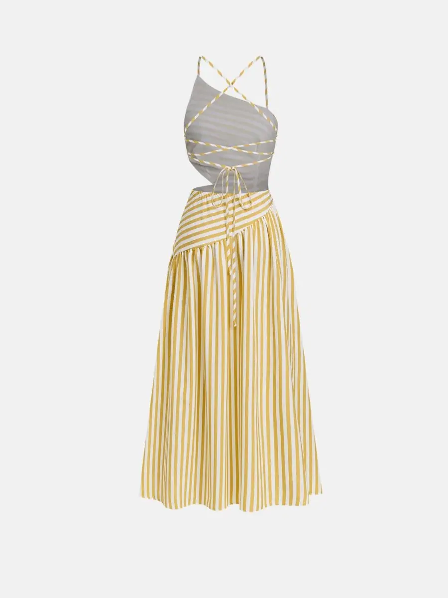 Платье-макси с асимметричным вырезом Good as Gold Striped Maxi Beach Dress Cupshe — изображение 5 из 5, светлый/желтый