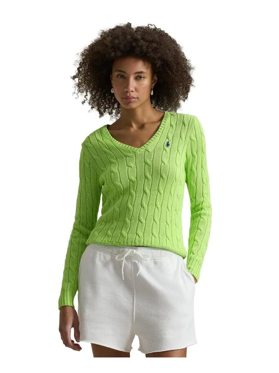 Свитер с V-образным вырезом из хлопка с косами Polo Ralph Lauren, Bright Leaf — изображение 1 из 5