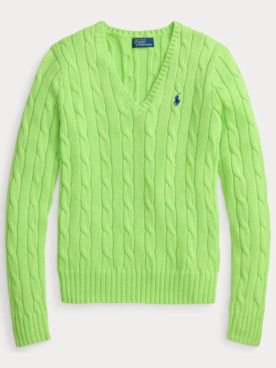 Свитер с V-образным вырезом из хлопка с косами Polo Ralph Lauren, Bright Leaf — изображение 2 из 5