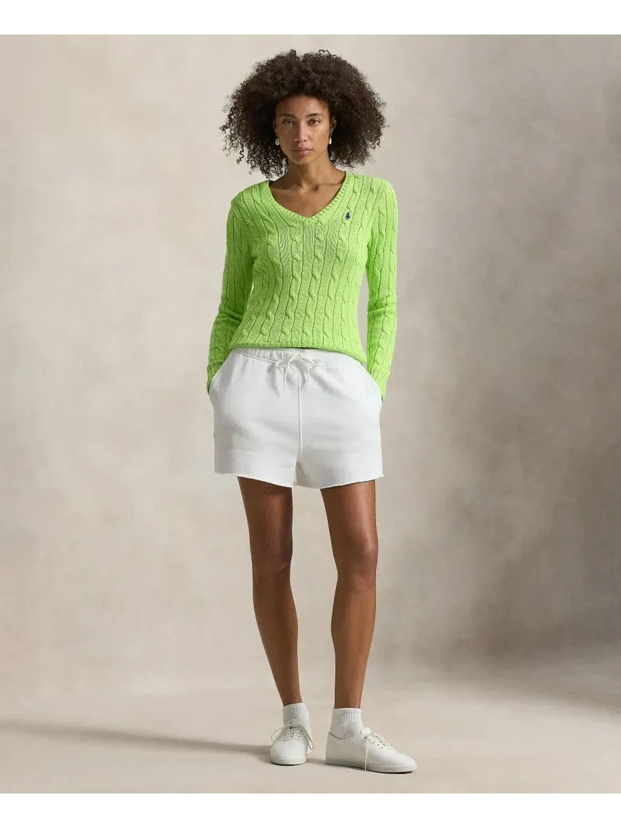 Свитер с V-образным вырезом из хлопка с косами Polo Ralph Lauren, Bright Leaf — изображение 3 из 5