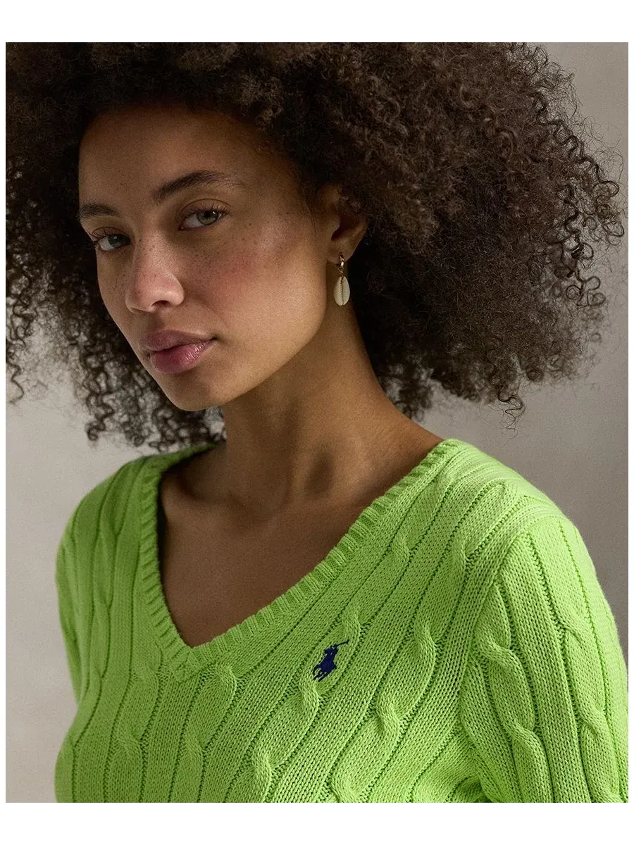 Свитер с V-образным вырезом из хлопка с косами Polo Ralph Lauren, Bright Leaf — изображение 4 из 5