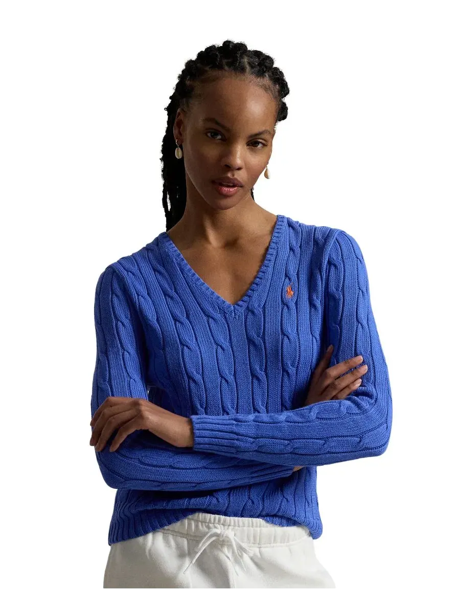 Женский свитер с V-образным вырезом из хлопка с косами, Slim Fit Polo Ralph Lauren — изображение 1 из 5, синий