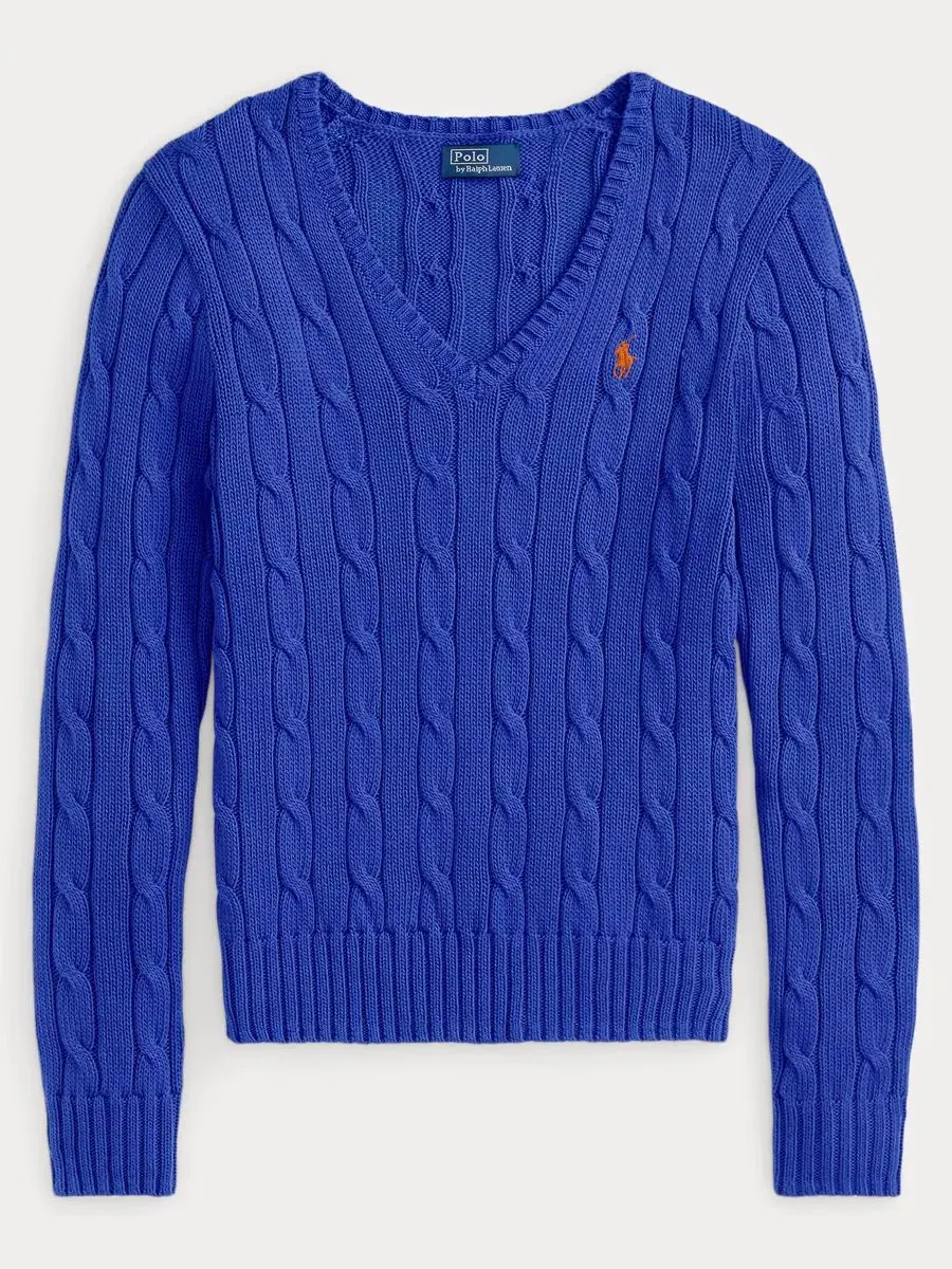 Женский свитер с V-образным вырезом из хлопка с косами, Slim Fit Polo Ralph Lauren — изображение 2 из 5, синий