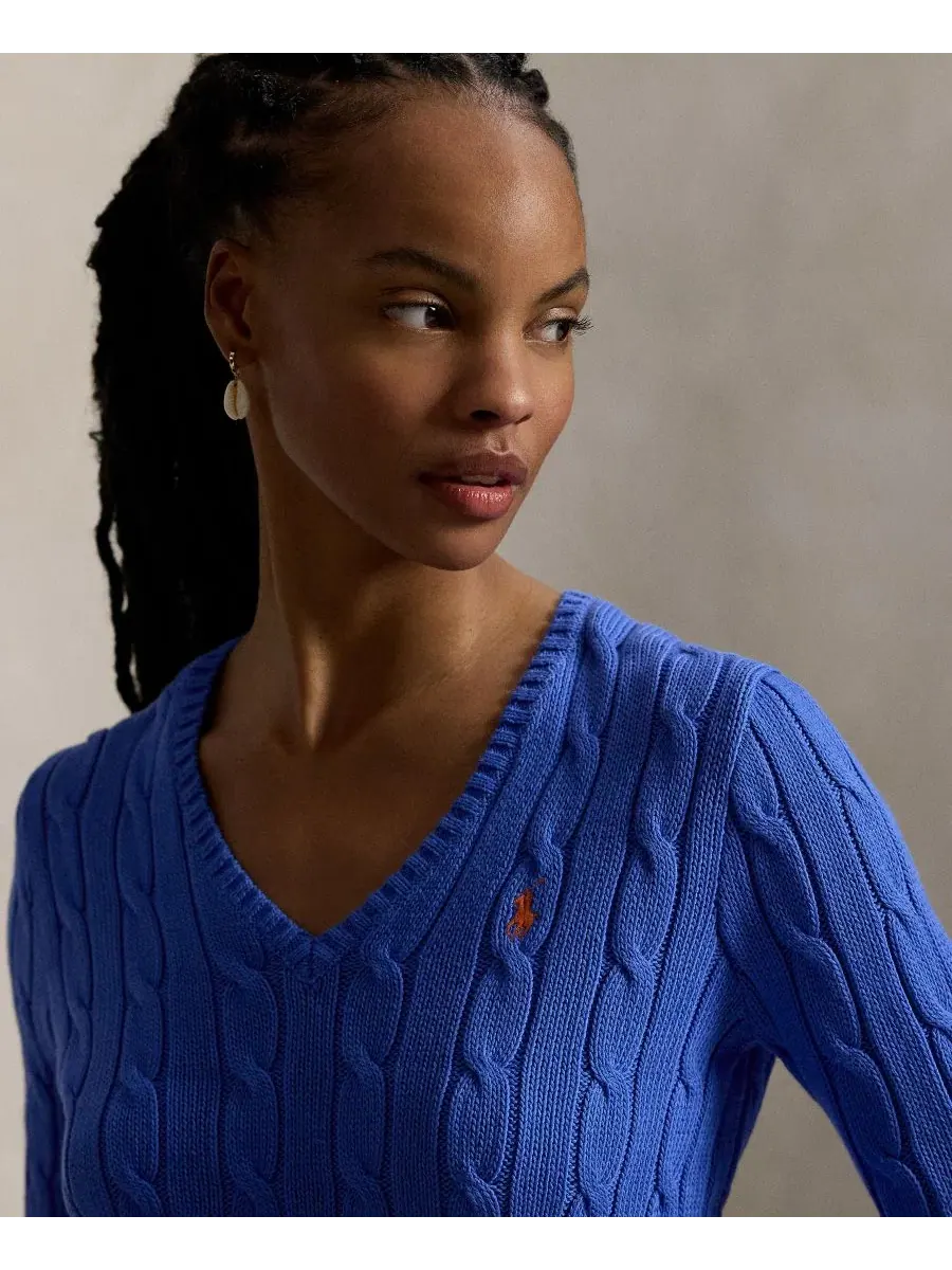 Женский свитер с V-образным вырезом из хлопка с косами, Slim Fit Polo Ralph Lauren — изображение 4 из 5, синий