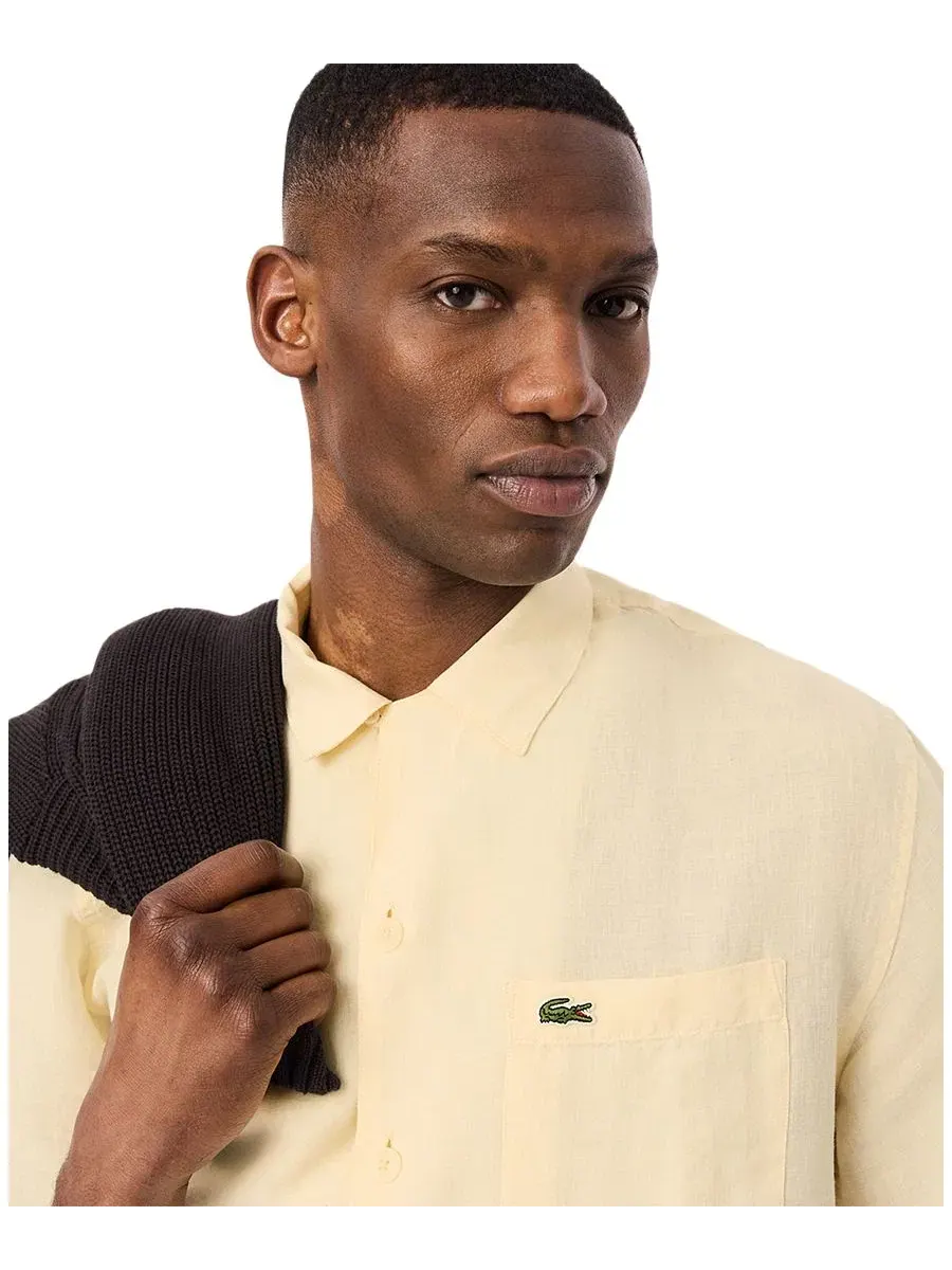 Рубашка мужская Lacoste с коротким рукавом, гавайский воротник, 100% лен, натуральный Clair — изображение 2 из 4