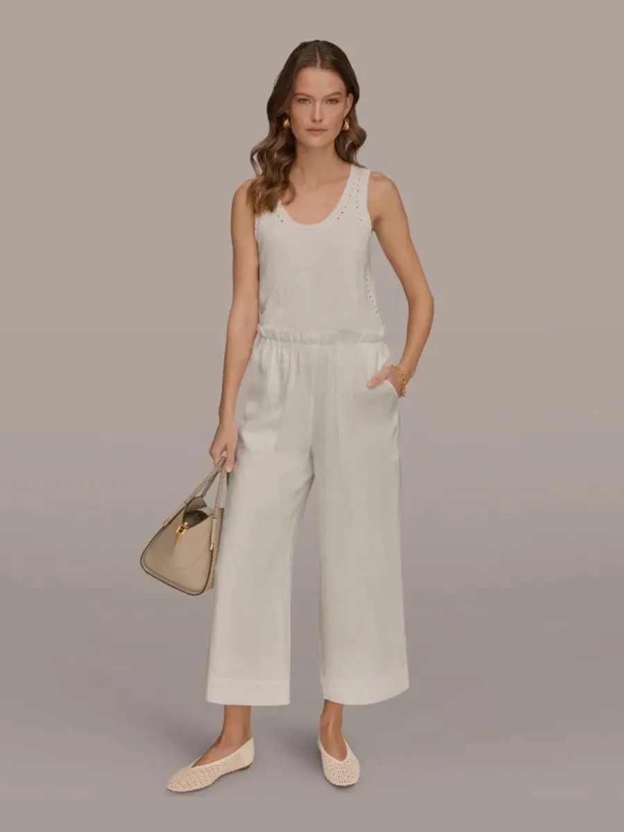 Женские льняные брюки с высокой посадкой и свободным кроем Donna Karan Weekend — изображение 2 из 6, бежевый