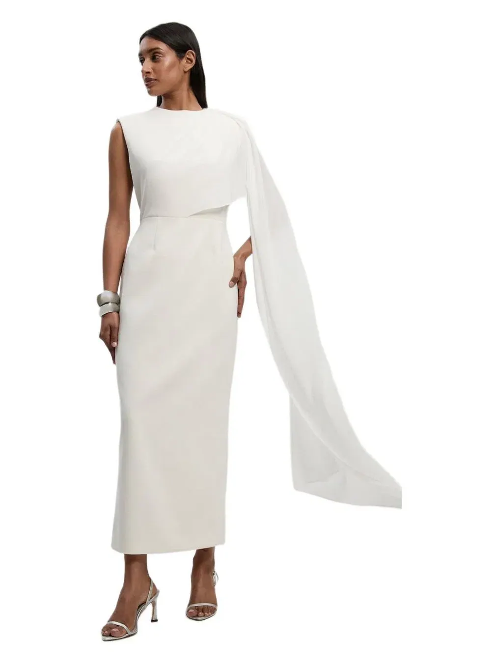 Платье-макси с драпировкой-накидкой Tailored Cape Drape Karen Millen — изображение 2 из 8, белый