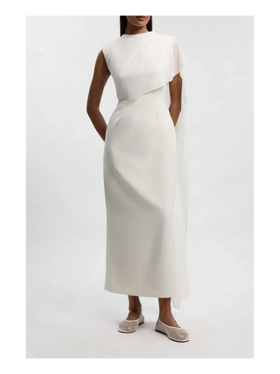 Платье-макси с драпировкой-накидкой Tailored Cape Drape Karen Millen — изображение 6 из 8, белый