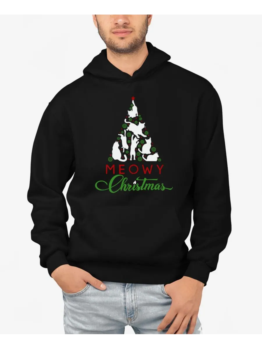 Мужская толстовка с капюшоном Meowy Christmas Tree с надписью "Рождественская елка" LA Pop Art — изображение 1 из 3, черный