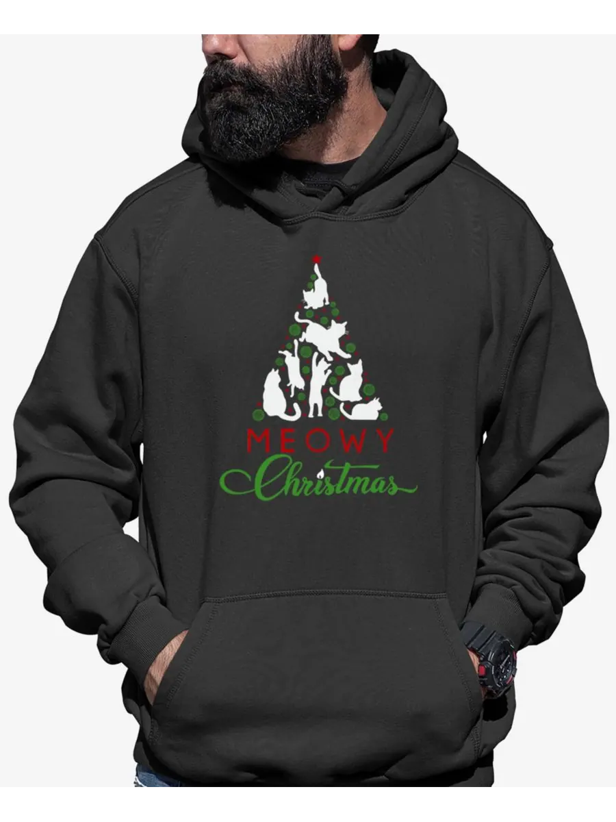Мужская толстовка с капюшоном Meowy Christmas Tree с надписью "Рождественская елка" LA Pop Art — изображение 1 из 5, серый