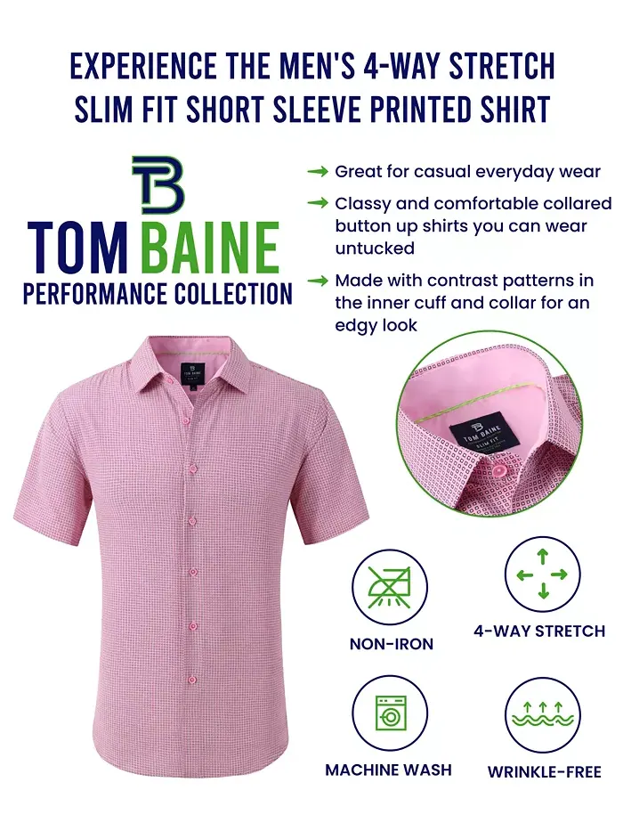 Мужская облегающая рубашка с коротким рукавом Performance Button Down Tom Baine — изображение 4 из 5, розовый