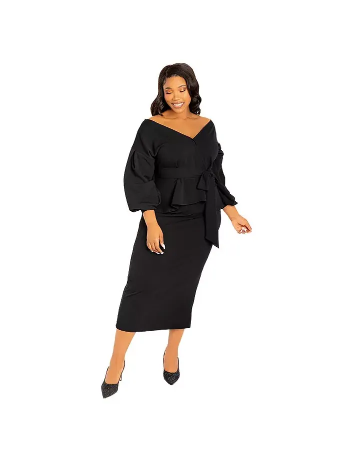 Женское платье миди с открытыми плечами и баской Plus Size Buxom Couture — изображение 2 из 4, черный