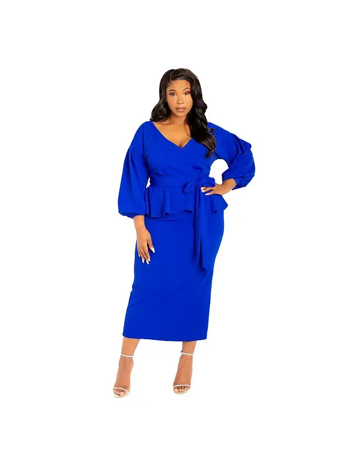 Женское платье миди с открытыми плечами и баской Plus Size Buxom Couture — синий