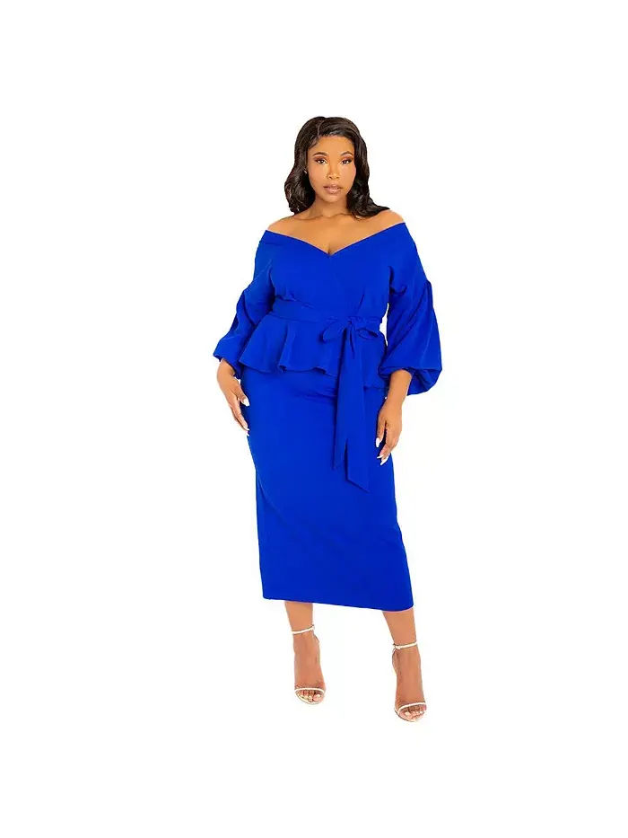 Женское платье миди с открытыми плечами и баской Plus Size Buxom Couture — изображение 2 из 4, синий