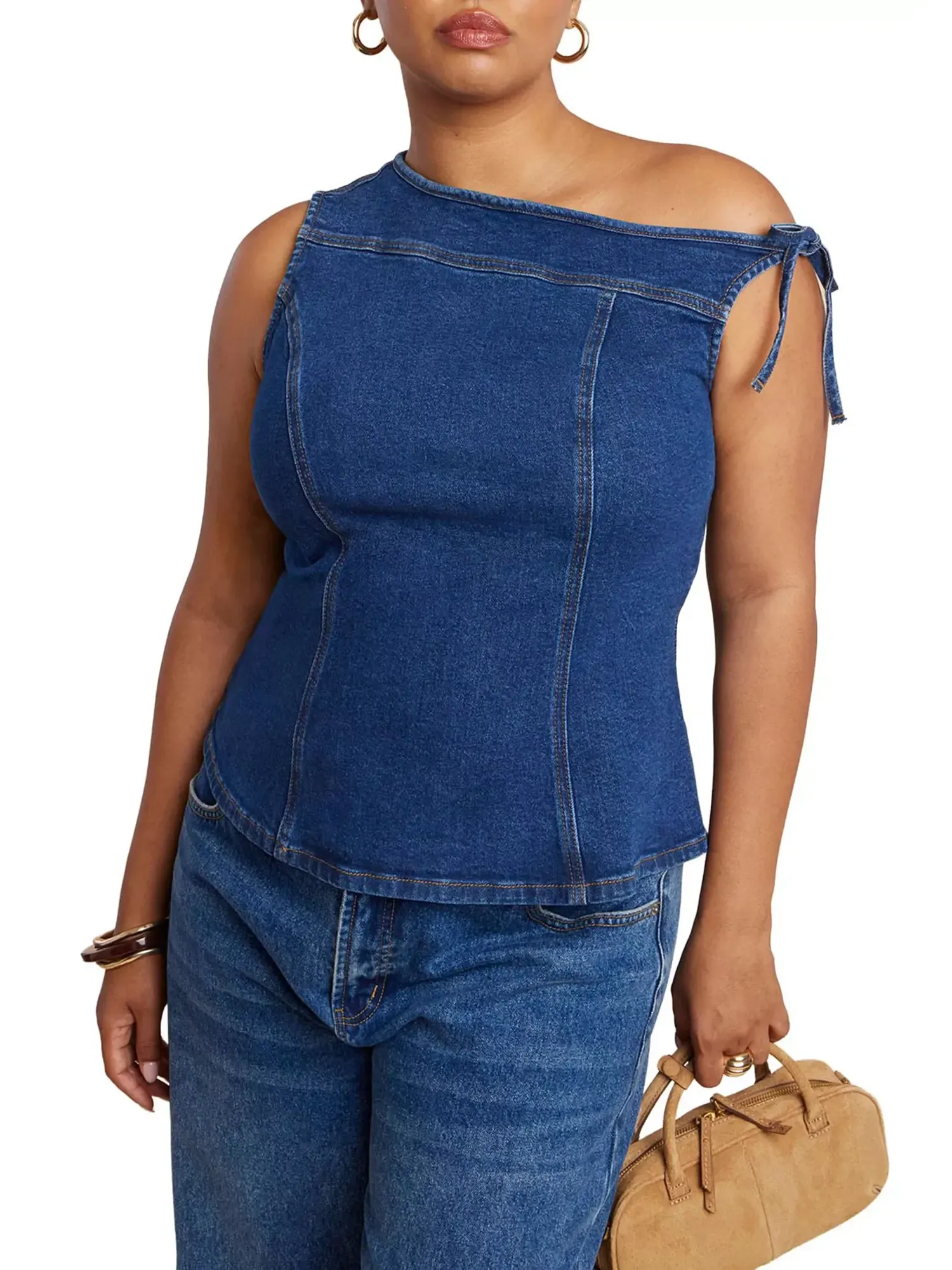 Топ джинсовый ELOQUII Plus Size Asym — изображение 1 из 4, средняя отмывка