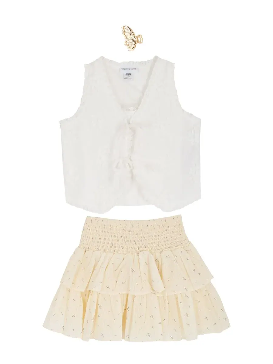 Комплект из трех предметов для девочек 7-12 лет: жилет с перфорацией, майка и юбка-шорты с — изображение 1 из 4, белый