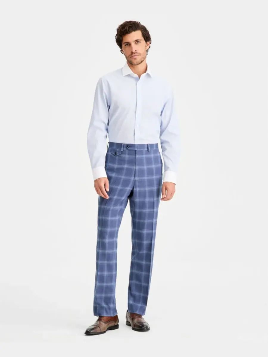 Tayion Collection Мужской классический костюм в синюю клетку, состоящий из двух частей: брюк и брюк — изображение 1 из 7