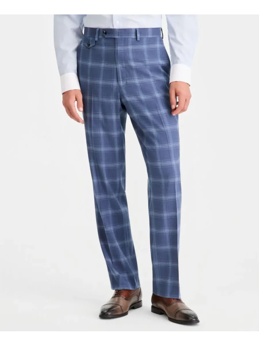 Tayion Collection Мужской классический костюм в синюю клетку, состоящий из двух частей: брюк и брюк — изображение 4 из 7