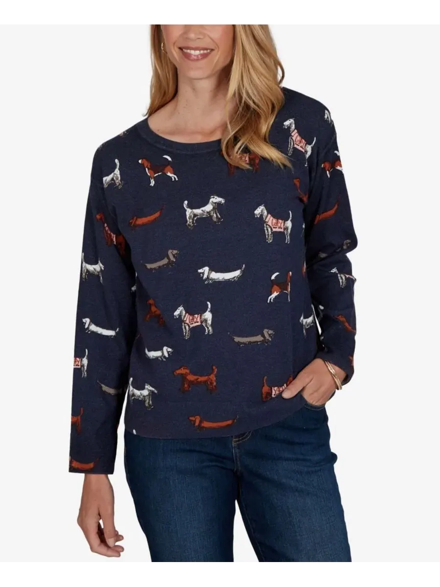 Женский пуловер с принтом собак, модель Petite Dog-Print Long-Sleeve Ruby Rd. — изображение 1 из 5, темно-синий мульти