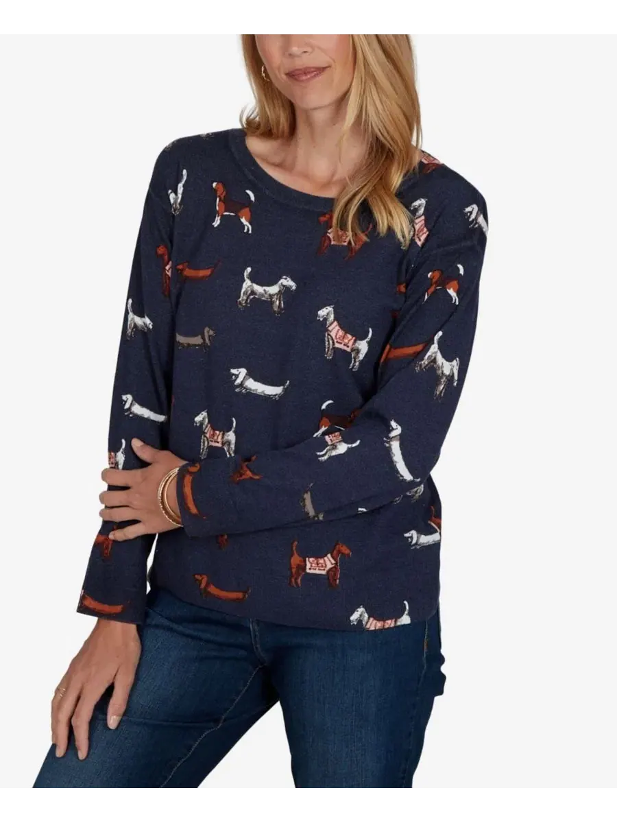 Женский пуловер с принтом собак, модель Petite Dog-Print Long-Sleeve Ruby Rd. — изображение 2 из 5, темно-синий мульти