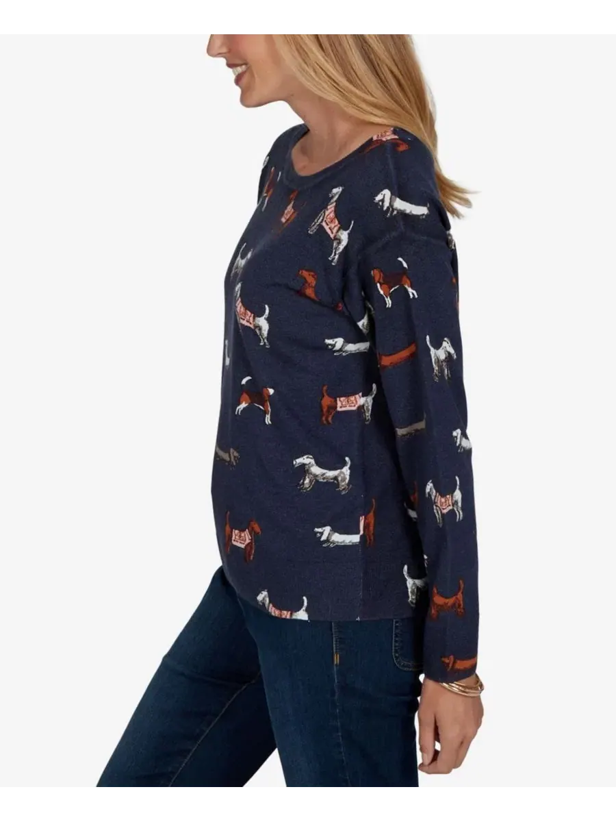 Женский пуловер с принтом собак, модель Petite Dog-Print Long-Sleeve Ruby Rd. — изображение 3 из 5, темно-синий мульти