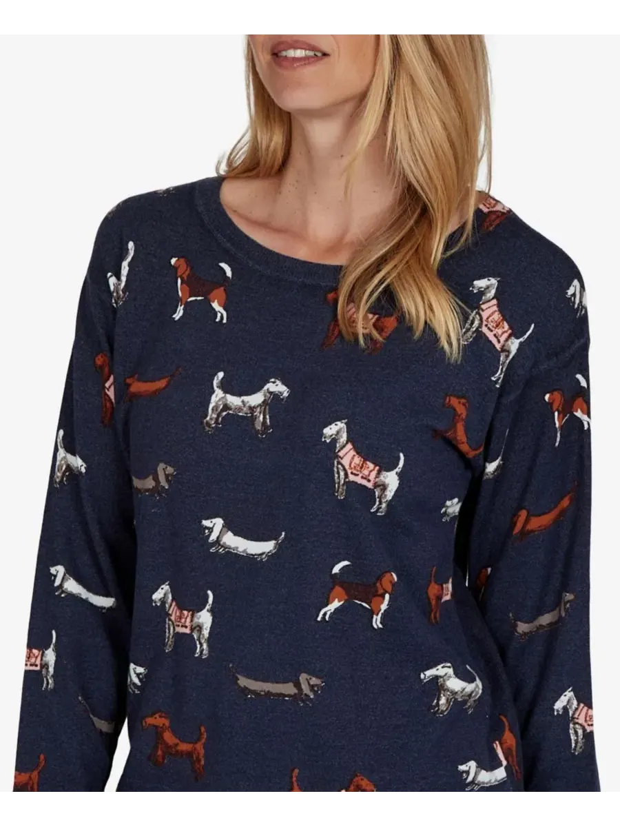 Женский пуловер с принтом собак, модель Petite Dog-Print Long-Sleeve Ruby Rd. — изображение 4 из 5, темно-синий мульти