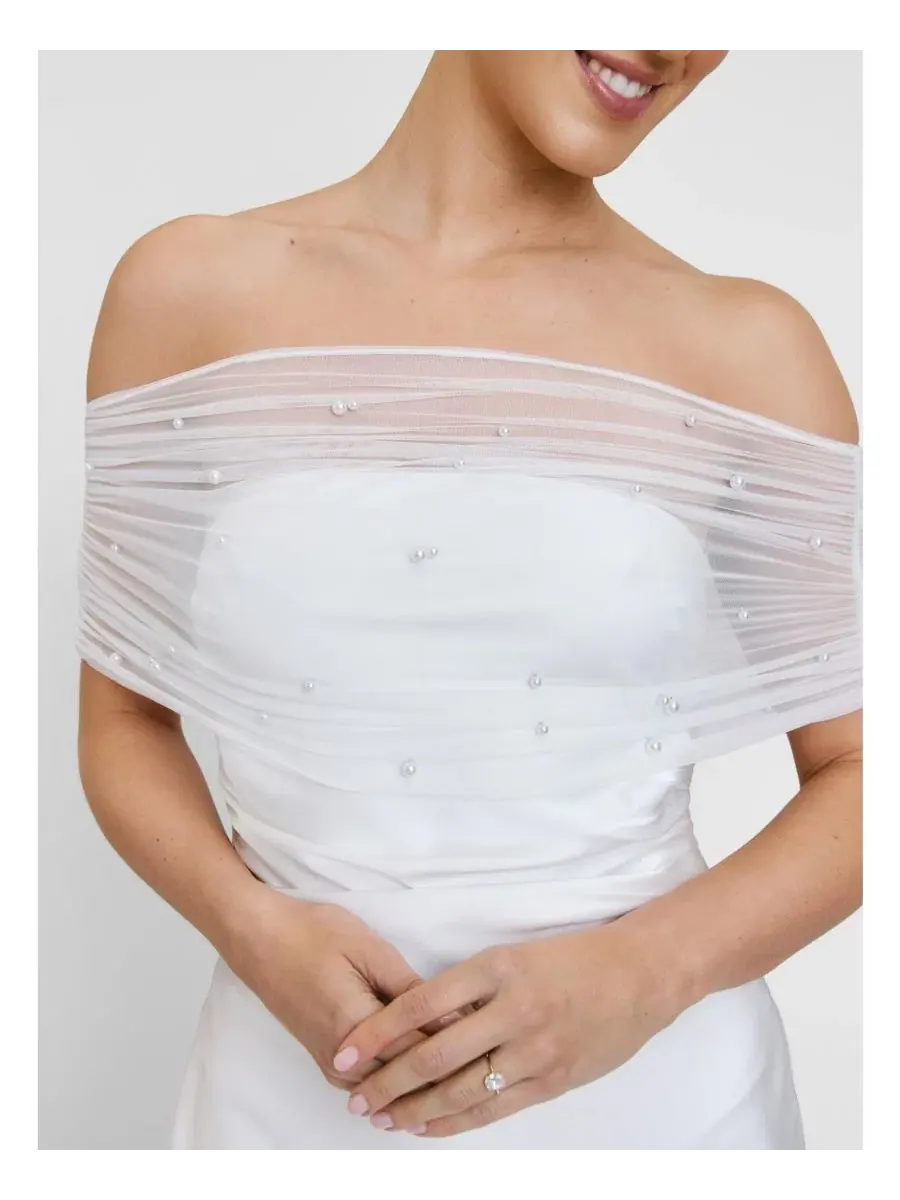 Платье миди с открытыми плечами, с бисерной отделкой, Bardot Detail Beaded Satin Midaxi Six Stories — изображение 2 из 7